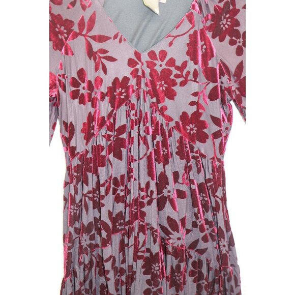 Taylor Burgundy Velvet Burnout-3/4 Puff Sleeves Babydoll Dress-Size 8-Whimsigoth - Picture 4 of 12